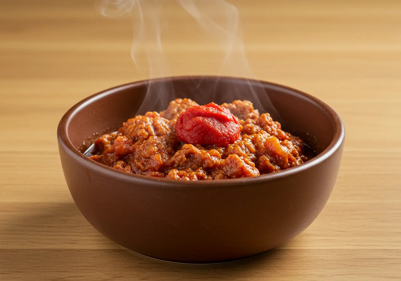 Cooked ground beef with tomato paste in a ceramic bowl.