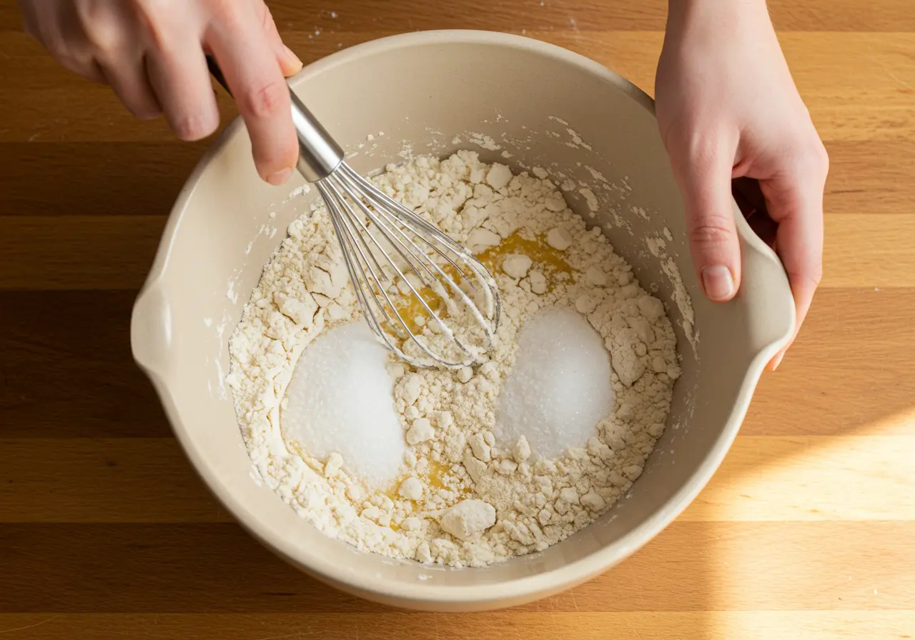 Close-up of a hand whisking dry ingredients in a ceramic bowl.