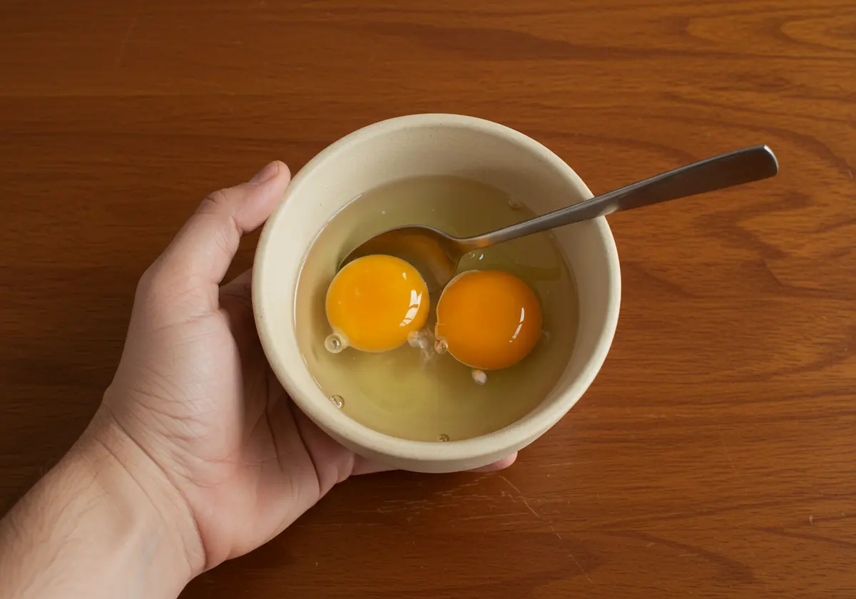 Two cracked eggs with water in a ceramic bowl ready for whisking.
