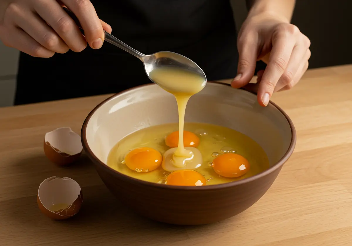 Human hands adding condensed milk to eggs for French toast
