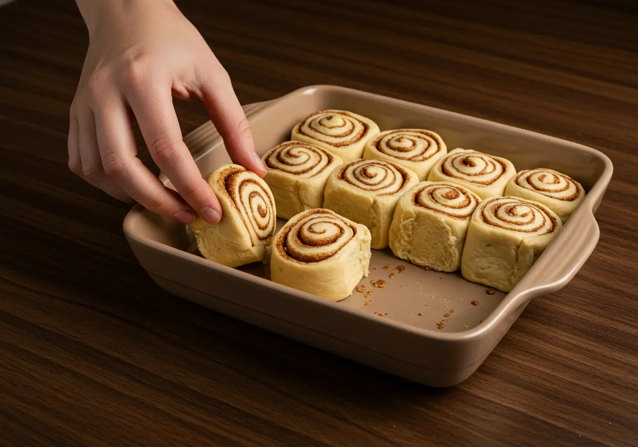 Placing a raw cinnamon roll into a ceramic baking dish with others.