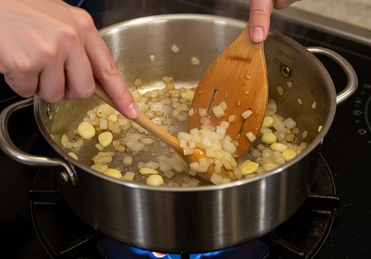 Cooking onions and garlic in a pot on the stove.