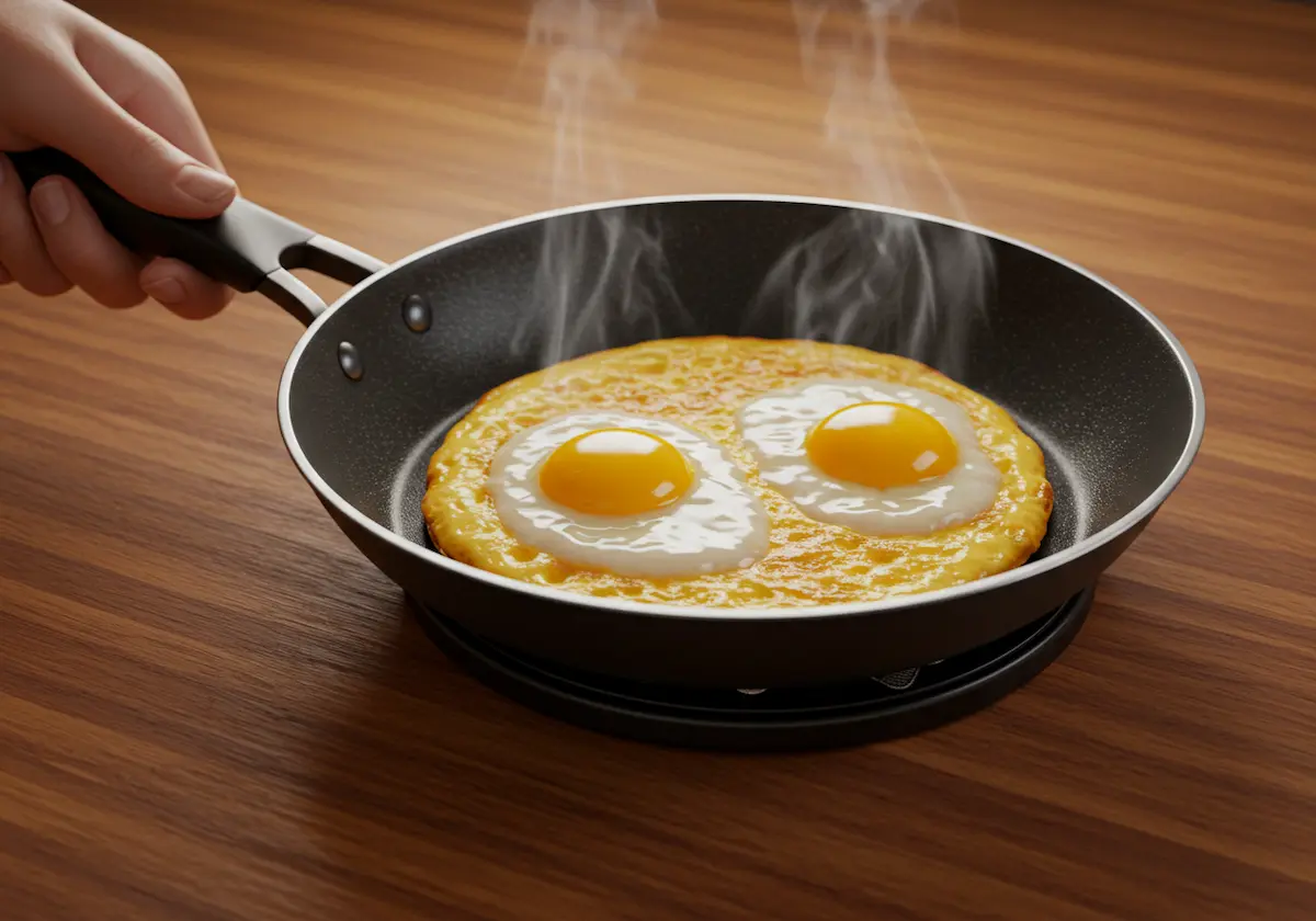 Eggs cooking undisturbed in a buttered pan on a stove.