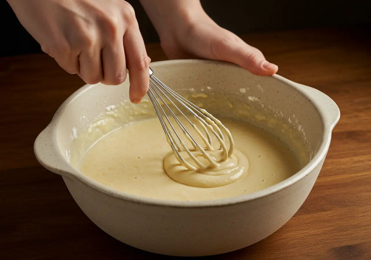 Close-up of a hand stirring lumpy pancake batter in a bowl.