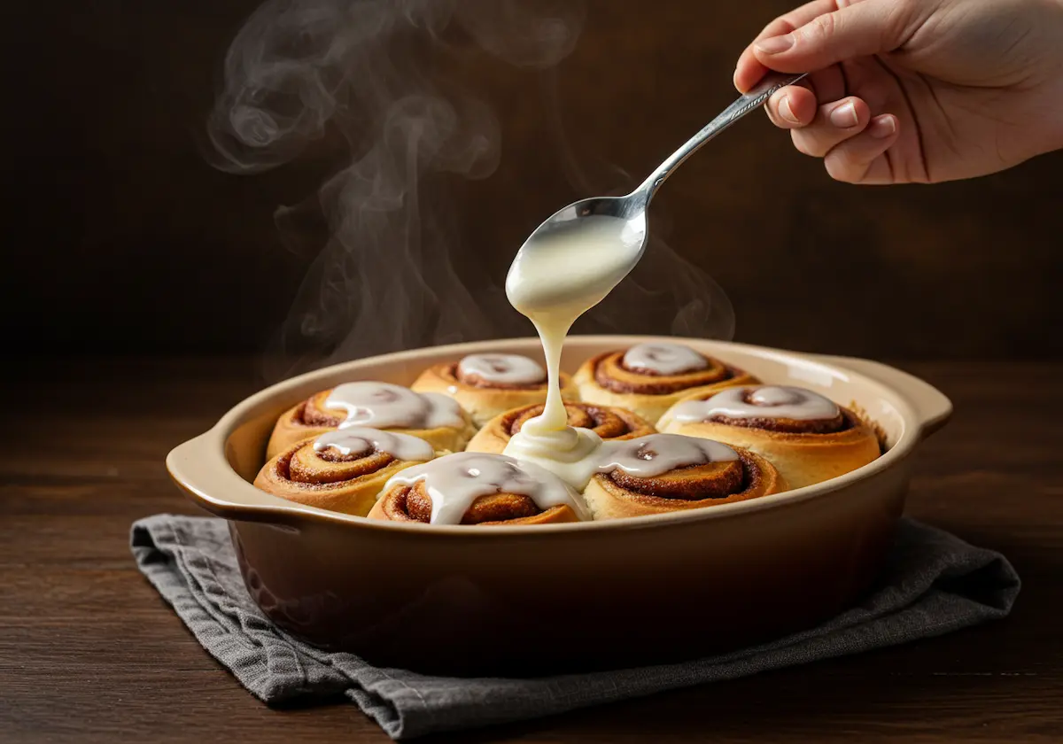 Drizzling cream cheese icing over warm cinnamon rolls, steam rising.