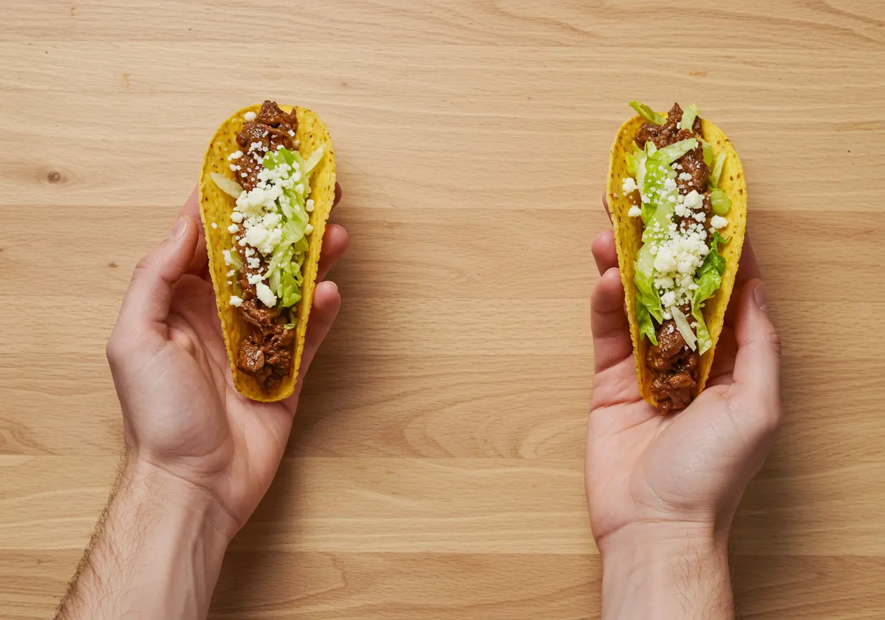 A single fully assembled crispy beef taco held in hands.