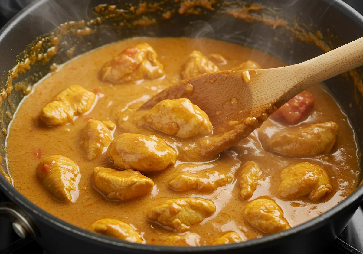 A spoon stirring the creamy, simmering chicken curry.