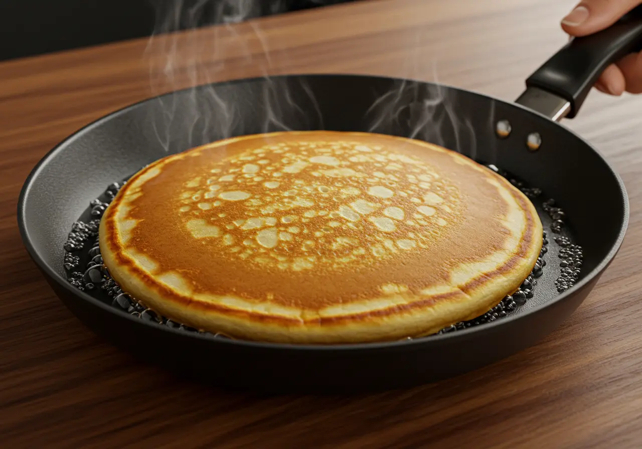 Close-up of a golden pancake cooking with bubbles on the surface.