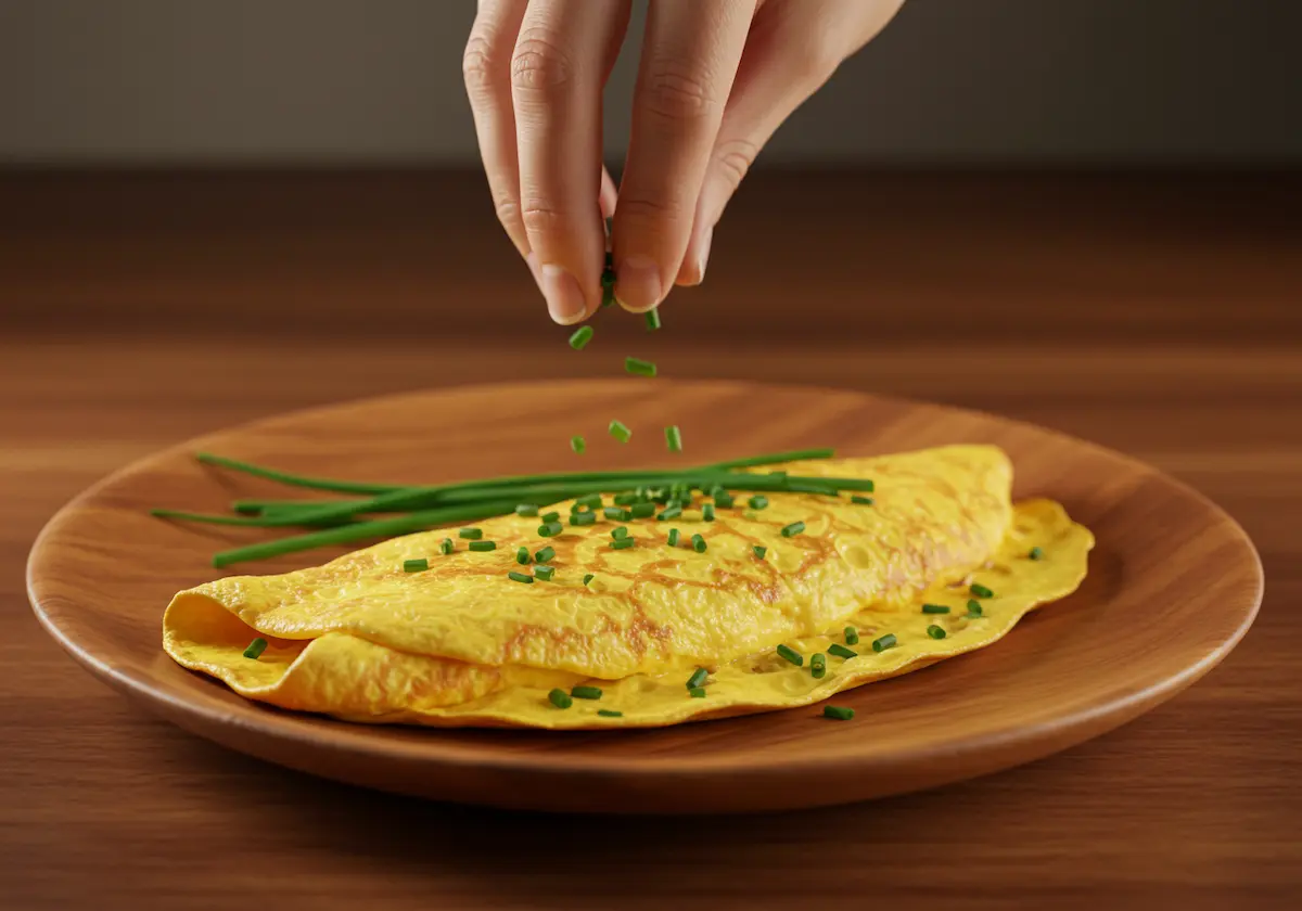 A hand garnishing a finished omelette with fresh chives.