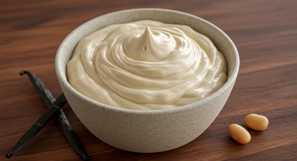 Smooth vanilla cannellini bean whip in a ceramic bowl