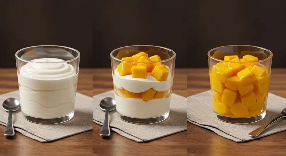 Three glasses showing the layering process of the dessert