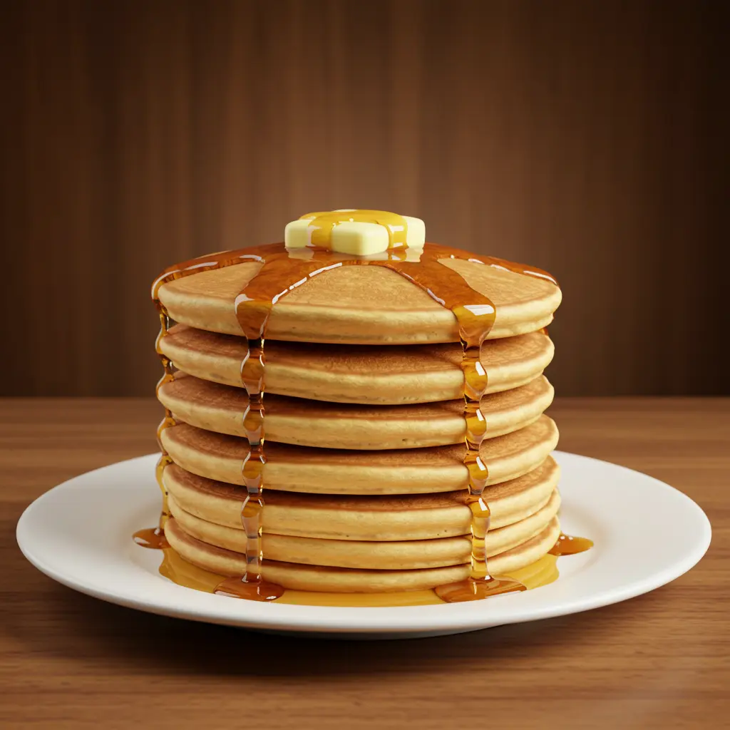 A tall stack of classic fluffy pancakes for kids with syrup and butter.
