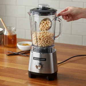 A hand adding white cannellini beans into a blender pitcher