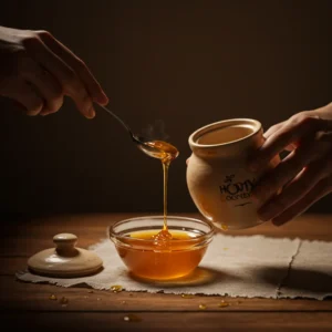 Close-up of a hand measuring honey with a tablespoon