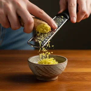 A hand grating fresh ginger root with a microplane