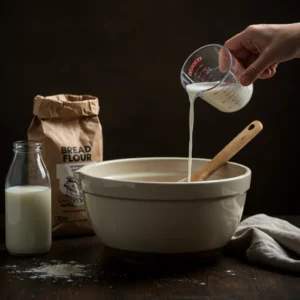 A hand pouring milk into a ceramic mixing bowl with a wooden spoon on dark wood.