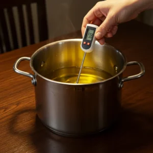 A hand adjusting a digital thermometer in a pot for frying french fries