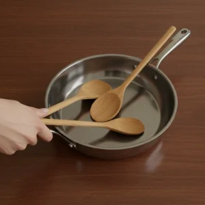 A hand holding a skillet with a spoon and a spatula for cooking tacos.