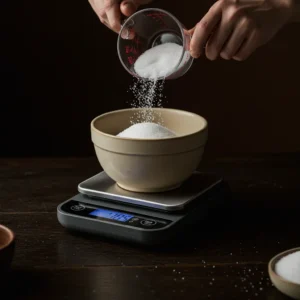 A hand measuring sugar on a digital kitchen scale with a ceramic bowl.