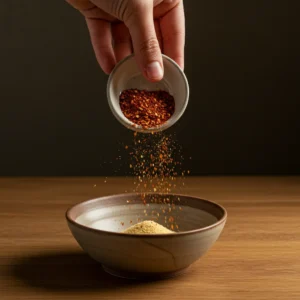 A hand mixing smoked paprika, garlic powder, and onion powder in a bowl.