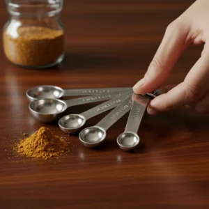 Close up of a hand holding a measuring spoon for spices.
