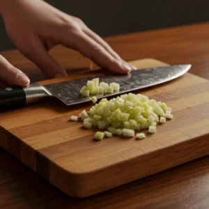 A chef's knife and cutting board with a chopped onion.