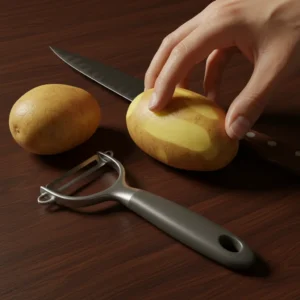 A hand selecting a knife for cutting potatoes into fries