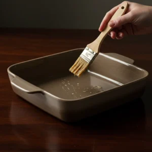 A hand greasing a square ceramic baking dish with a pastry brush.