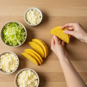 Taco shells, lettuce, and cheese arranged for assembly on a wooden table.