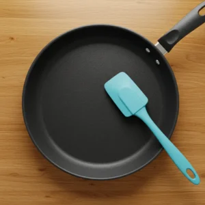 A small non-stick frying pan and spatula on a wooden table.
