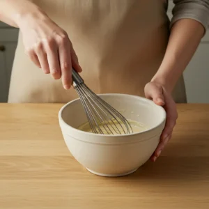 Human hands holding a stainless steel whisk in a ceramic bowl for making French toast