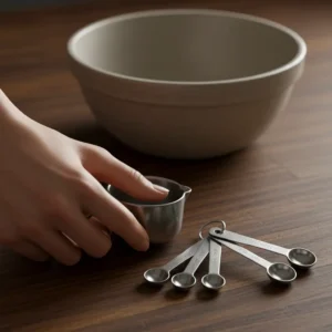 Measuring cups and spoons for baking ingredients on a wooden table.