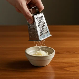 A hand grating parmesan cheese into a white ceramic bowl.