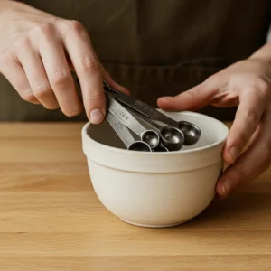 Close-up of human hands holding measuring spoons for a French toast recipe