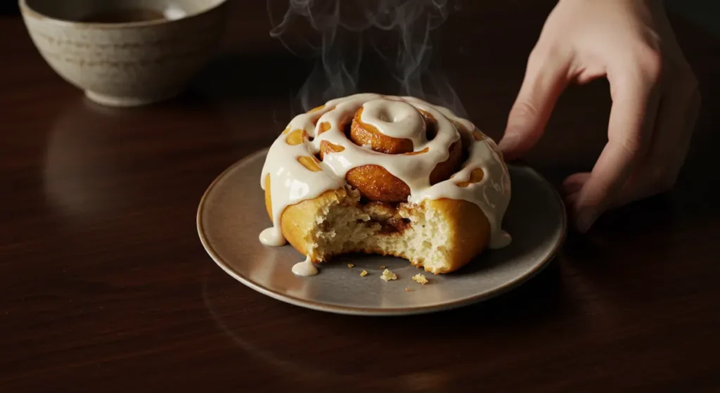 Overhead photo of a perfect homemade cinnamon roll with cream cheese icing on a dark wood table, steam rising.