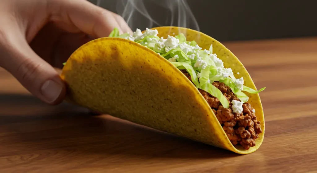 A single perfect homemade beef taco held in hands, filled with seasoned ground beef, lettuce, and cotija cheese on a wooden table.
