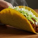 How to Make Perfect Homemade Beef Tacos in 20 Minutes (Easy Way!) A single perfect homemade beef taco held in hands, filled with seasoned ground beef, lettuce, and cotija cheese on a wooden table.