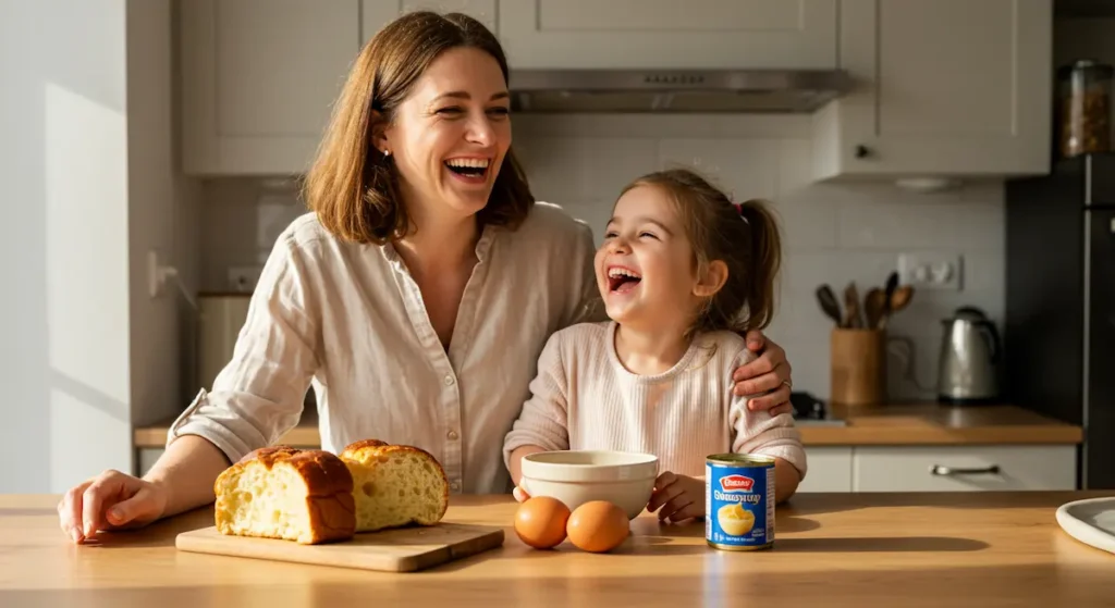 French Toast: Happy mother and daughter making easy 3-ingredient French toast together in a modern kitchen