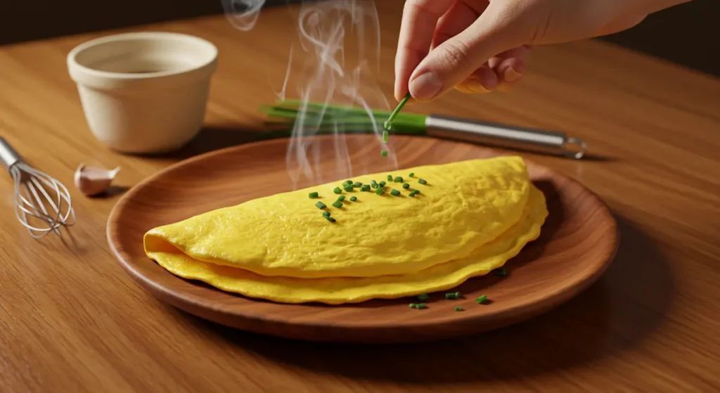 A perfect fluffy Reinvented Omelette with melted cheese and chives, garnished and steaming on a wooden plate.