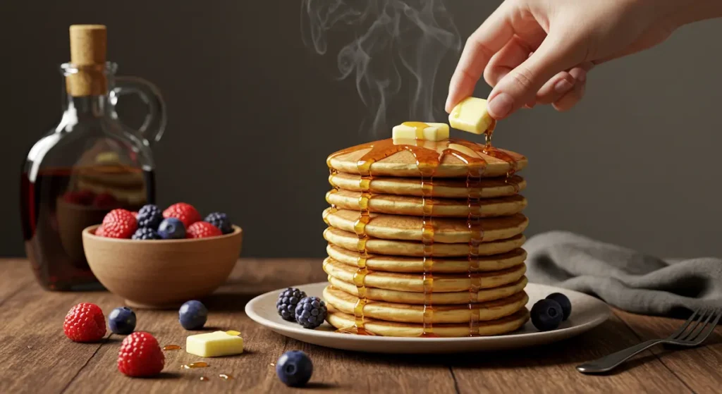A tall stack of fluffy homemade pancakes for kids with melting butter and syrup, served on a wooden table.