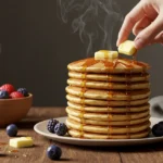 How to Make Perfect Pancake for Kids in 15 Minutes, One Bowl A tall stack of fluffy homemade pancakes for kids with melting butter and syrup, served on a wooden table.
