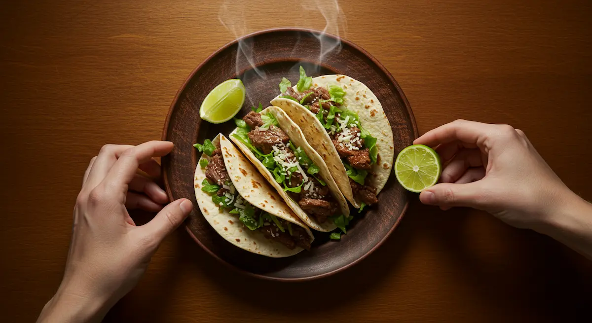 Overhead view of three homemade beef tacos on a ceramic plate with lime wedge.