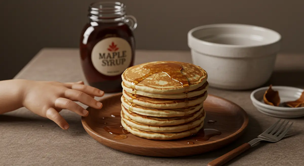 A child's hand reaching for a stack of fluffy pancakes with syrup.