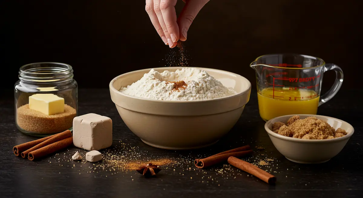 Assorted baking ingredients for cinnamon rolls, including flour, yeast, and cinnamon, on a dark wood surface.