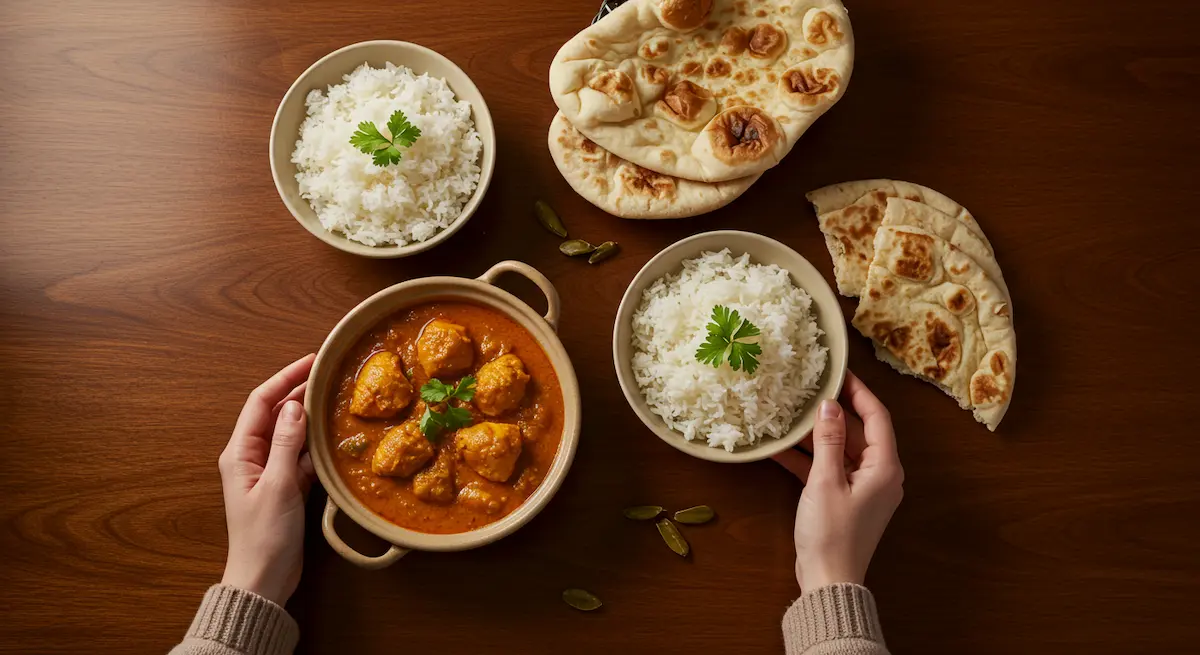 Indian chicken curry served with fluffy white rice and naan bread on a wood table.