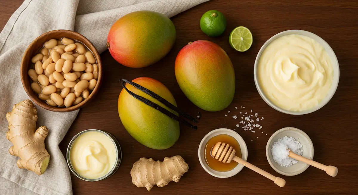 Ingredients for mango vanilla fool including mango, cannellini beans, vanilla bean, and lime on a table