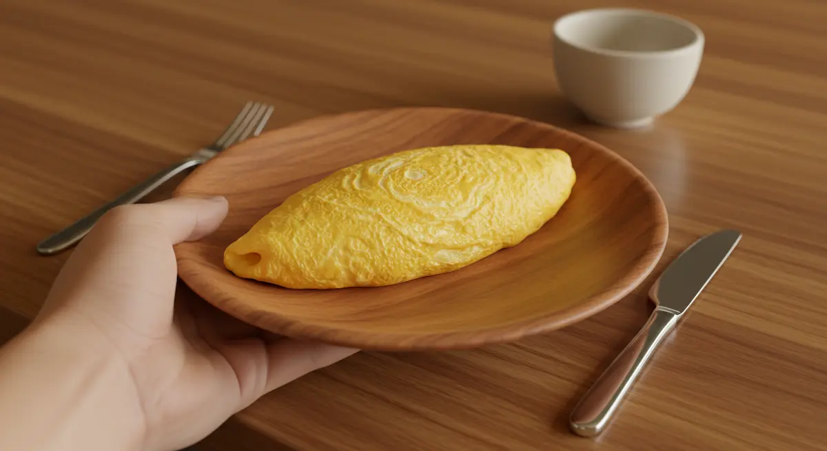 A hand serving a plate with a delicious Reinvented Omelette on a wooden table.