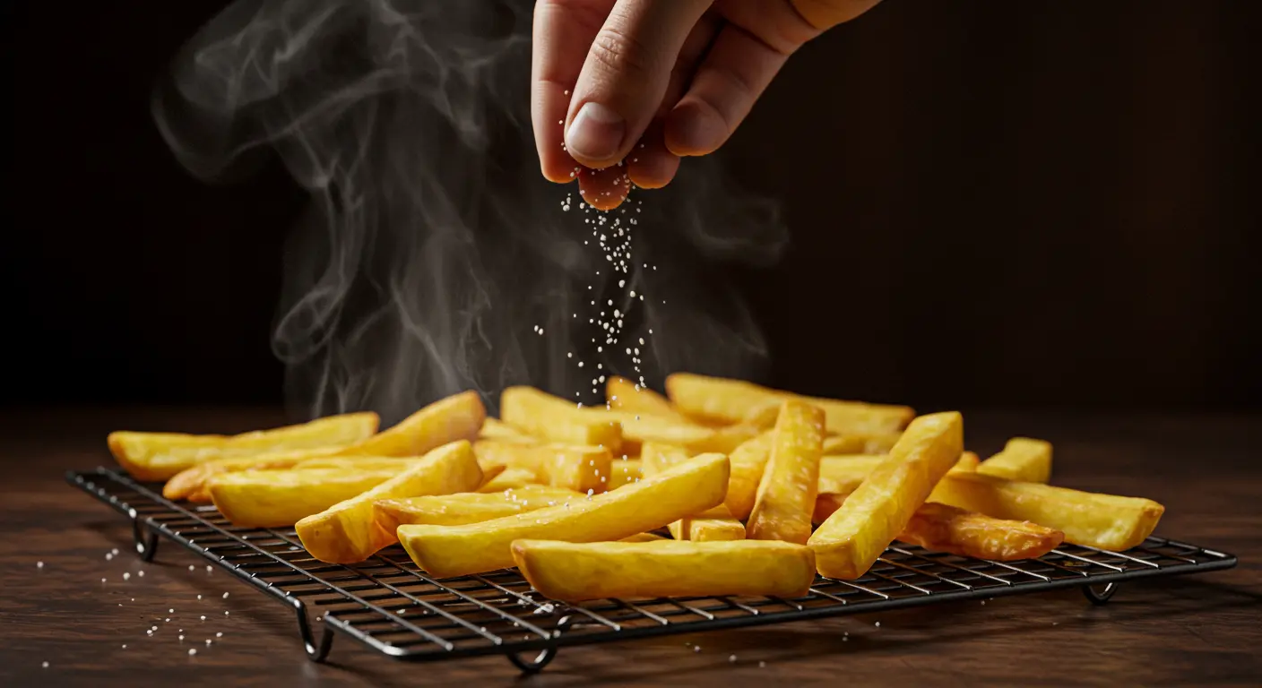 Seasoning hot french fries with salt on wire rack.