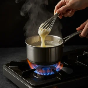 A hand whisking a thick tangzhong paste in a saucepan on a stove.