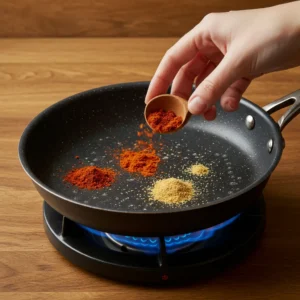 Toasting spices in a dry skillet over a low flame.